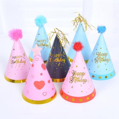 China Hot New Gold Birthday Decoration Stamping Birthday Hat Kids Baby Birthday Hat Star Braid Plush Ball Adult Party Hat For Birthday Party Supplies for sale