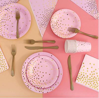 China Party Supplies Amazon New Color Pink Dots Hot Stamping Birthday Party Dessert Dish Cups Napkins Banner Girls Party Decorations for sale