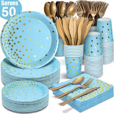 China Party Supplies Amazon Hot Selling Birthday Party Supplies Blue Dots Hot Stamping Disposable Paper Plate Kit for sale