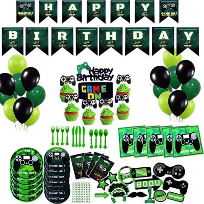 China Party Supplies Amazon Hot Selling Green Game On Theme Party Supplies Banner Foil Balloon Kids Birthday Party Decorations Paper Plate Kit for sale