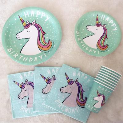 China Party Supplies New Party Disposable Paper Plate Kit Cartoon Unicorn Dish Cups Napkin For Kids Birthday Party Supplies for sale