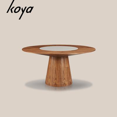 China Modern Luxury Walnut Veneer New Design Home Restaurant Round Dining Table With Center Round Rotating Glass for sale