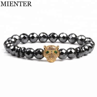 China New 8mm Fashion Health Charm Women Gallstone Magnet Men's Hematite Magnetic Bead Bracelets Classic Black Leopard Head for sale