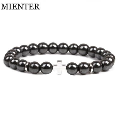 China Classic Custom 8mm Charm Women Men Cross Stone Black Natural Beads Bracelets Magnet Gallstone Hematite Magnetic Bracelets for sale