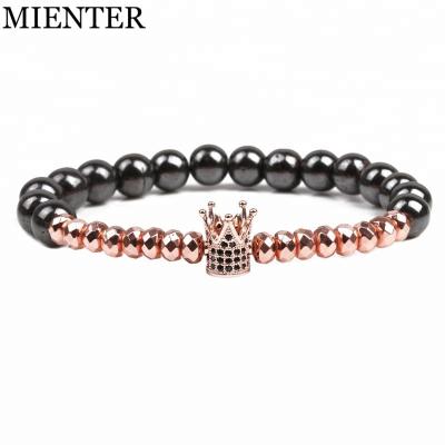 China Custom CZ Natural Stone Crown Men Women Couples Bracelet Dropshipping Magnetic Beads Hematite Bracelet for sale