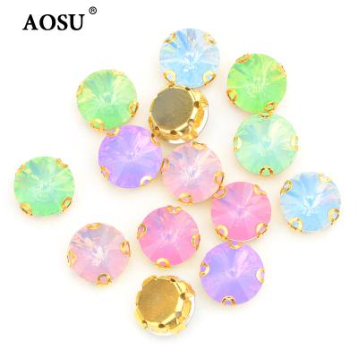 China Flatback AOSU 10mm Crystal Sew On Stones Gold Setting Loose Rivoli Claw Resin Fake Stones Loose Stones for sale