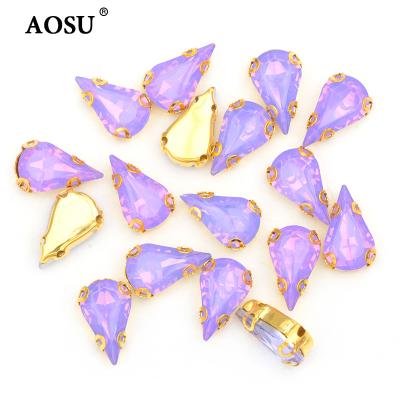 China Flatback AOSU 8*13mm Teardrop Rhinestones With Claw Sew On Rhinestones Opal Purple Opal Stones Sew On Rhinestone With Claw for sale