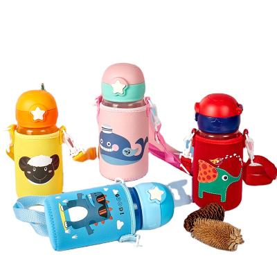 China Custom Cute Printed Plastic Water Viable Leak Proof PP Kids Bottle With Cloth Shell And Straw for sale