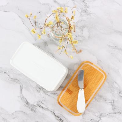 China Viable Custom Wholesale Ceramic Butter Box Rectangular Butter Containers Butter Dish With Knife for sale