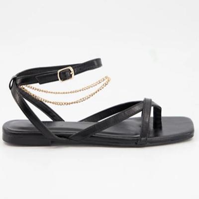 China Lit Women Sandals Flat Classic Straps PU Leather Shoes Ankle Chain Flat Sandals For Ladies for sale