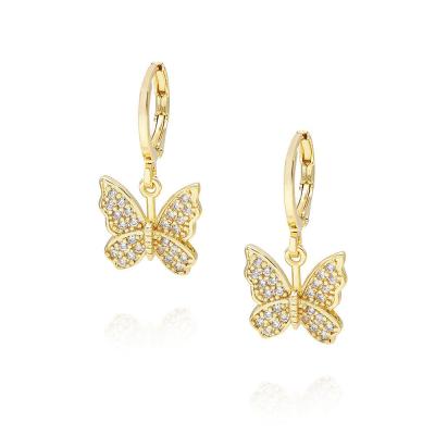 China FASHIONABLE Women Jewelry Micro CZ Zircon Butterfly 18k Gold Plated Drop Huggie Circle Earring Women for sale