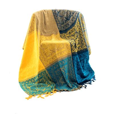 China 100% Polyester Woven Chenille Throw Sofa Soft Sofa Cover Colorful Blue PORTABLE Reversible Bohemian Tribal Hippy With Tassel for sale