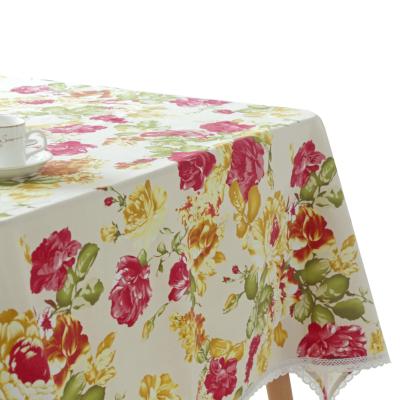 China Low MOQ Indelible Fast Delivery Soft 100% Cotton Floral Print Table Cover Tablecloth With Lace for sale