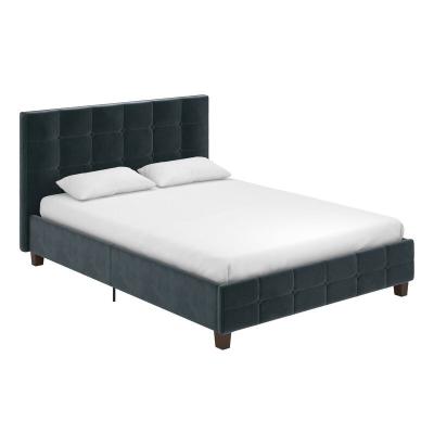 China Modern Blue Velvet Tufted Upholstered Low Profile Platform Hotel Bed for sale