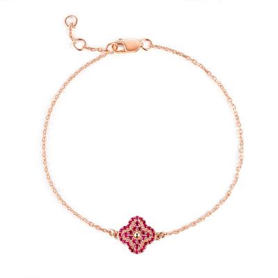 China Real Romantic Solid 18K Rose Gold Four-Leaf Clover Chain Bracelet Inlaid with Ruby Adjustable Bracelet Natural Design for Girls for sale