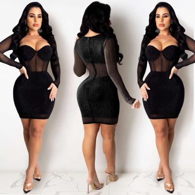 China Hot Selling Square Wholesale Soft Collar Long Sleeve Sheer Mesh Rhinestone Body Dress Midi Dresses for sale