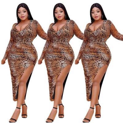 China New Style 12286Na Women's Anti-Static Leopard V-Neck Long Sleeve Asymmetric Bodycon Dress Dresses Plus Size for sale