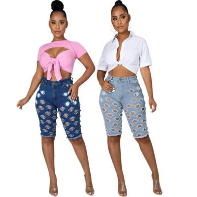 China Fashion Sustainable Women's Washed Ripped Hole Pants Summer Knee Length Hollow Out Short Jeans for sale