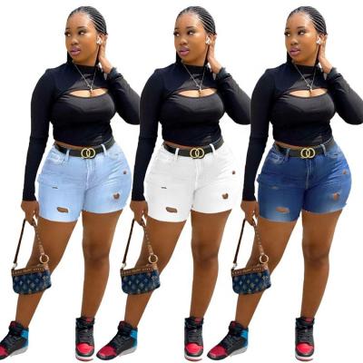 China New Fashion Asymmetrical Mid Waist Denim Shorts Solid Color Ripped Casual Plus Size Women's Jeans for sale