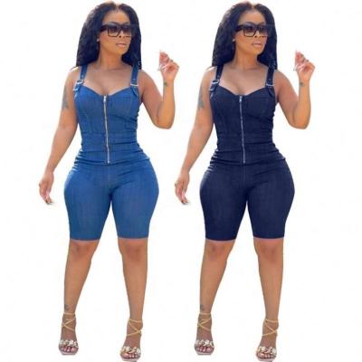 China Hot Selling Cute Anti-Wrinkle Onesie Denim Overalls Front Zip Blue Jean Bodysuit One-Piece Outfit For Women Romper Shorts for sale