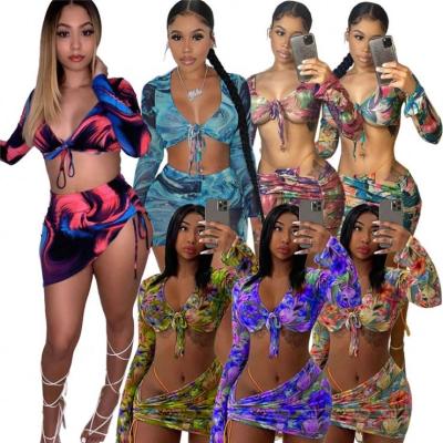 China 2021 Anti-Wrinkle Lady Beach Outfits Hot Long Sleeve Tops Skirt Bikini Pants Summer Women 3 Piece Set for sale