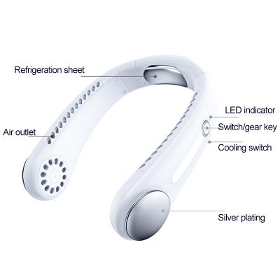 China Hotel LED Indicator White Style Mini Hanging Wearable Sports Usb Portable Rechargeable Soft Rubber Neck Leafless Hanging Fan for sale