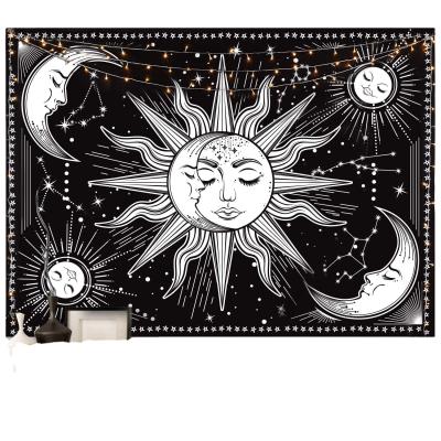 China Custom Printing Hot Sales Classical Tapestries Burning Sun With Star Moon Mandala Tapestry Wall Hanging For Psychedelic Bedroom for sale