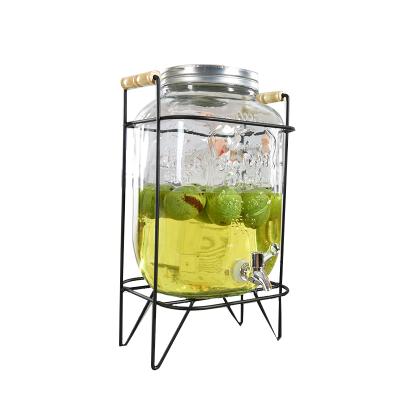 China Freshness Preservation 4Lglass Beverage Dispenser Juice Jar With Metal Holder Customized Bamboo Holder PP Tap Party Drinking for sale