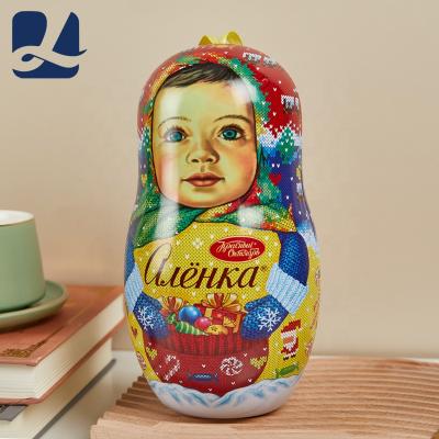 China Custom newborn food matryoshka doll shaped chocolate candy metal box cookies gift hard tin boxes for sale