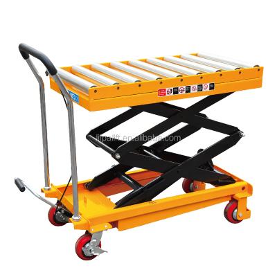 China Building Material Shops 500kg Portable Mobile Manual Roller Platform Scissor Top Cart for sale