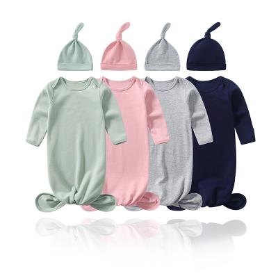 China Breathable High Quality 100%Cotton Nightgown Infant Unisex Baby Tied Dress With Hat for sale