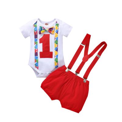 China Breathable Infant Baby Boy Clothes Kids 1st Birthday Bow Tie Tops + Short Sleeve Romper Overalls Set Clothes Outfits Set for sale