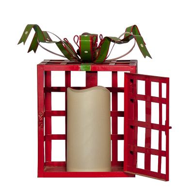 China Home Decoration Red Christmas Square Gift Box Decorative Metal LED Candle Lantern For Home/Garden Hanging for sale