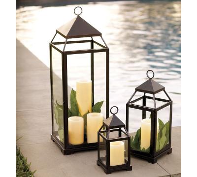 China 2021 Home Decoration Outdoor Garden Hanging Hurricane Lamps Metal Frame Led Candle Lantern Decorative Black Stand for sale