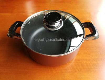 China 22cm Sustainable Press Soup Aluminum Non-Stick Pot with Tempered Glass Lid and Bakelite Knob for sale