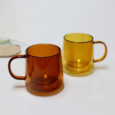 China New Design 12oz Sustainable Amber Color Borosilicate Stained Double Wall Glass Mug For Office Home for sale