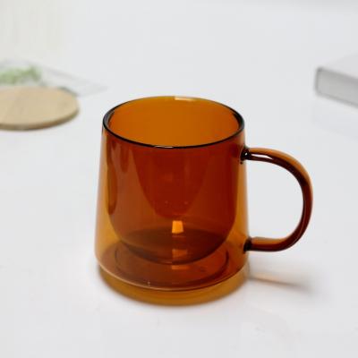 China Viable Amber Color 12oz Glass Tea Coffee Mug Insulated Double Walled Glass Tea Coffee Mug for sale