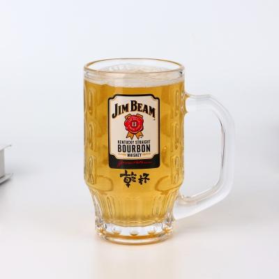 China Refillable Recyclable Special Shape 300ml Drinking Glass Beer Mug Badge Beer Mug With Handle for sale