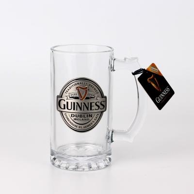 China Refillable Recyclable Hot Sales Durable German Beer Mug Glass Beer With Handle Glass Beer Mug With Badge for sale