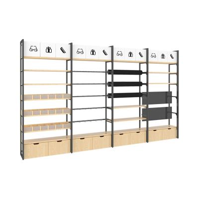 China Double Sided Best Price Market Wall Store Modern Wood Metal Wood Display Stand For Rack Storage Rack Shelving Supermarket Retail Shelf for sale