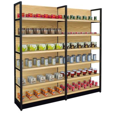 China Double Sided Double Sided Snack Grocery Fruit Vegetable Shopping Mall Display Rack Single Sided Shelf Wooden Shelves for sale