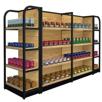 China Double Side Mount Favorable Advertising Top Double Sided Wooden Shelf Supermarket Display Rack Retail Store Bread Display Rack for sale