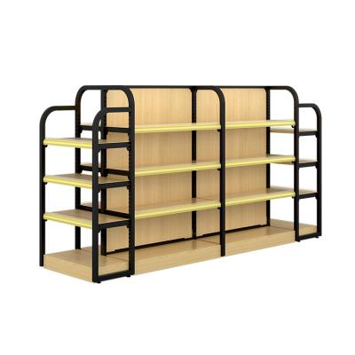 China Low MOQ OEM ODM Double Sided Double Sided Metal and Wooden Supermarket Display Rack Metal Shelf and Wooden Display Rack for sale