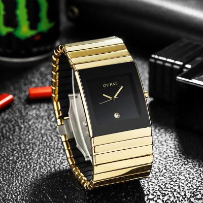 China Square Old Rectangle Day/Date OUPAI Watch Classic Quartz Gold Ceramic Man Wristwatch Waterproof Black Ceramic Jublie 34mm Wide for sale