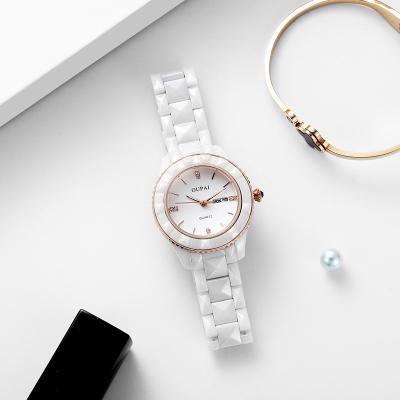 China Luxury Lady White Ceramic Waterproof Day/Date Watch 2022 Luminous Ceramic Anti-scratch With Dual Calendar Fashion And Elegant Women for sale