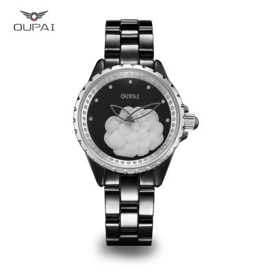 China Water Resistant OUPAI Camellia Shell Carving Lady Quartz MIYOTA White Ceramic Movement Watch Design Waterproof Luxury Fashion and Elegant Watch for sale