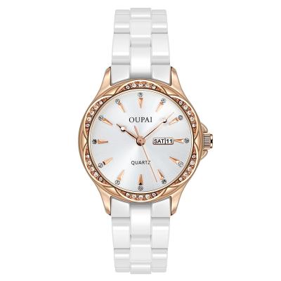 China OEM Alloy Watch Quartz White Ceramic Day/Date Fashion And Stylish Ice Waterproof With Week Display Waterproof Wrist Watch for sale