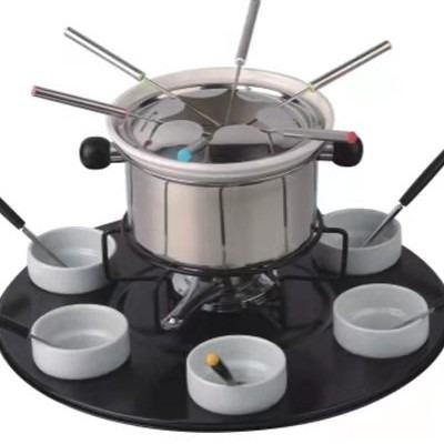 China New Design Sustainable Hot Chocolate Fondue Fountain Hot Sale Carbon Steel Melting Chocolate Fondue Set With Ceramic Pot And Bowl for sale