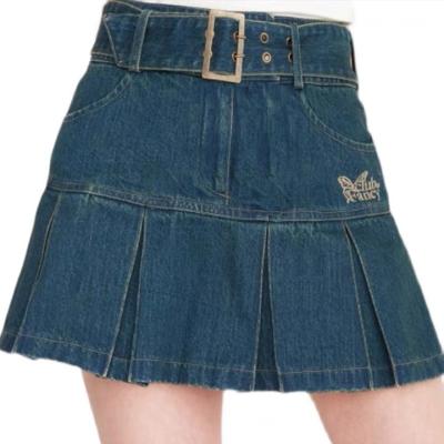 China Plus size new design 2021 women short skirt high waist pleated denim skirt jeans denim skirt for sale