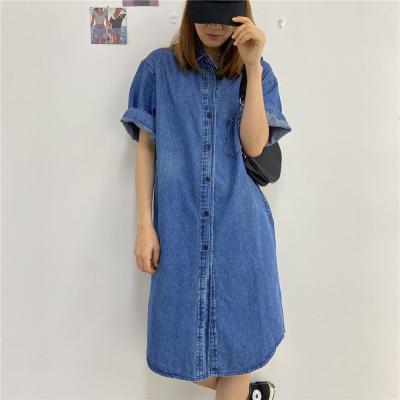 China Breathable Warm Jeans Dress Lattice Casual Dress With Pockets Woman Short Sleeve Denim Dress for sale